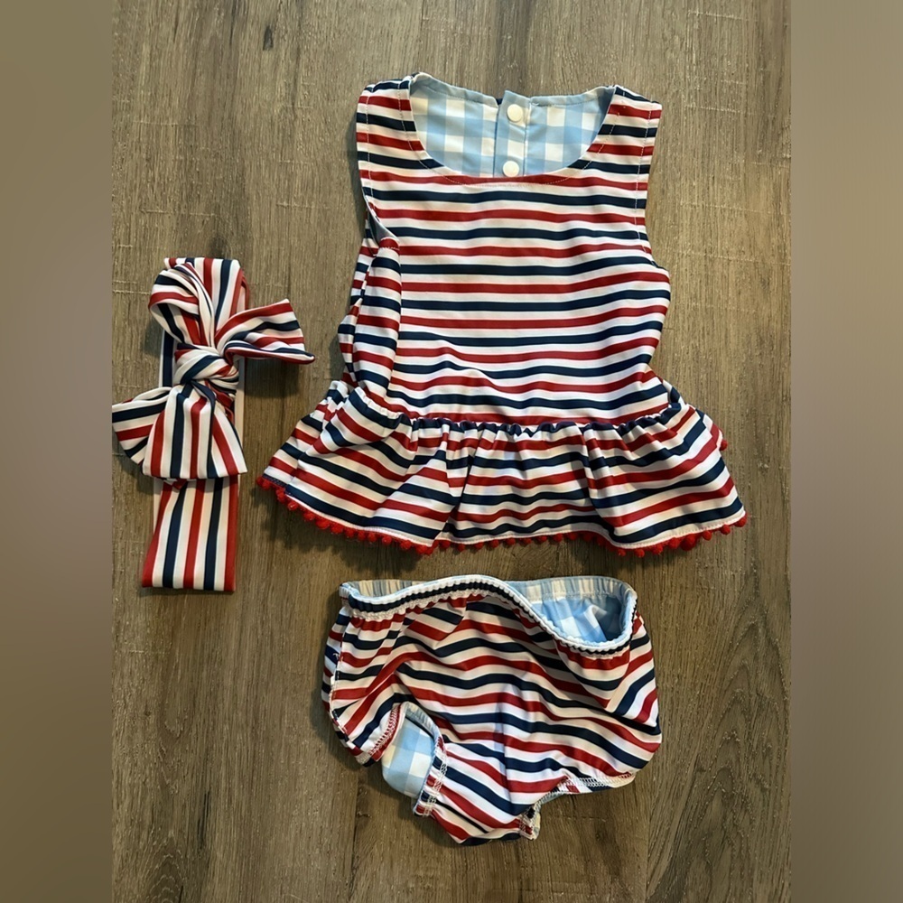 EUC Mud Pie Baby Reversible Swimsuit Bow Set Swim Gingham Ruffle Red White Blue
